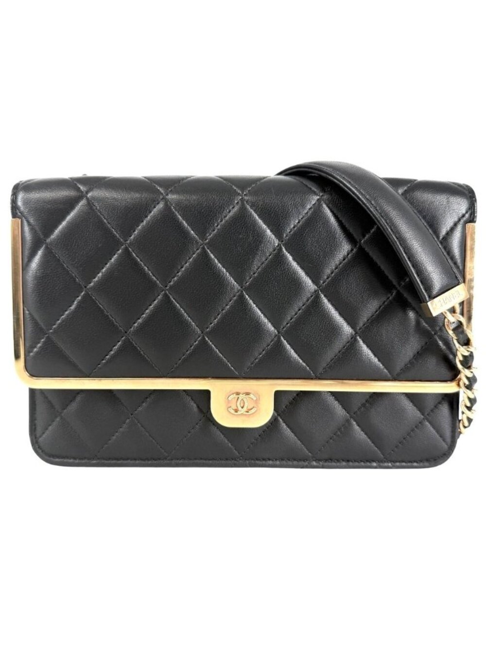 Chanel Chain Wallet Quilted CC Logo Shoulder Bag Crossbody Lambskin Black Rose